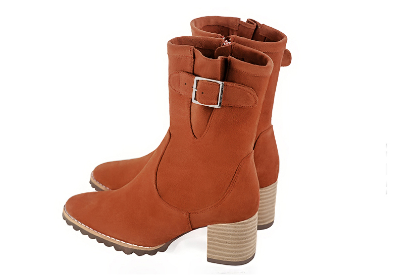 Terracotta orange women's ankle boots with buckles on the sides. Round toe. Medium block heels. Rear view - Florence KOOIJMAN